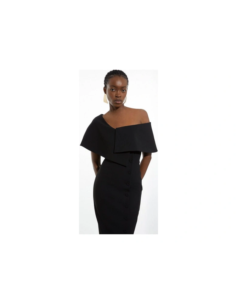 Petite Compact Stretch Off Shoulder Button Through Tailored Midi Pencil Dress