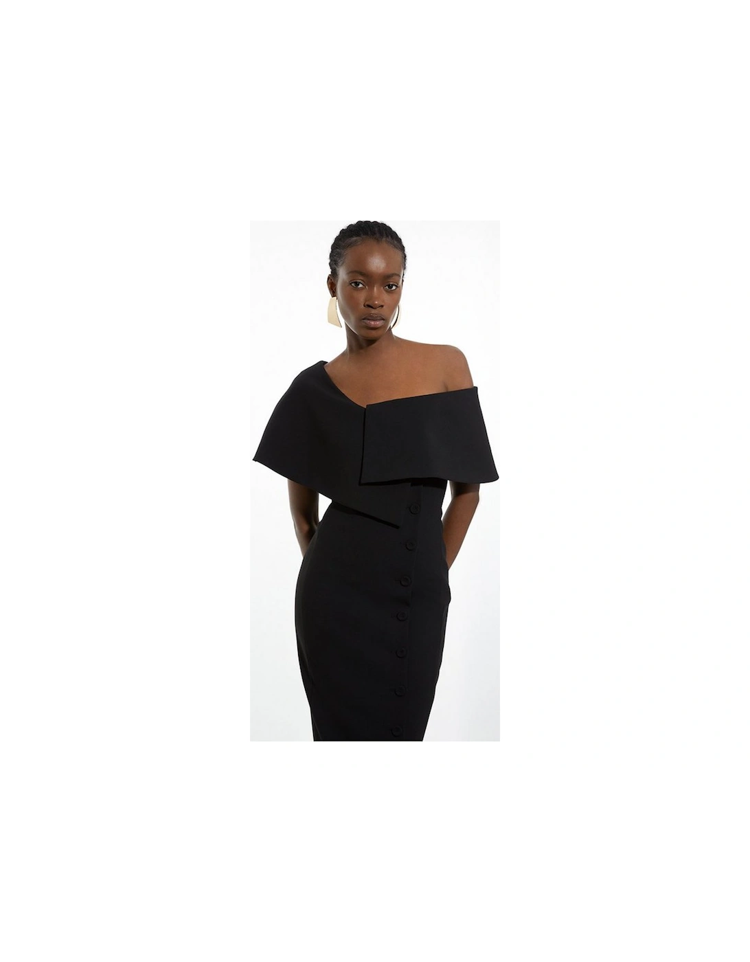 Petite Compact Stretch Off Shoulder Button Through Tailored Midi Pencil Dress