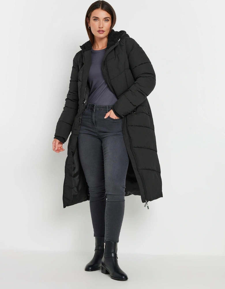 Tall Borg Hooded Midi Padded Coat - Black