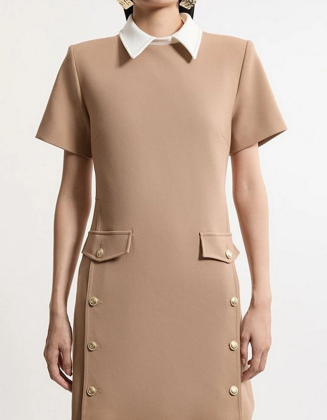 Compact Stretch Tailored Collared Button Detail Mini Dress