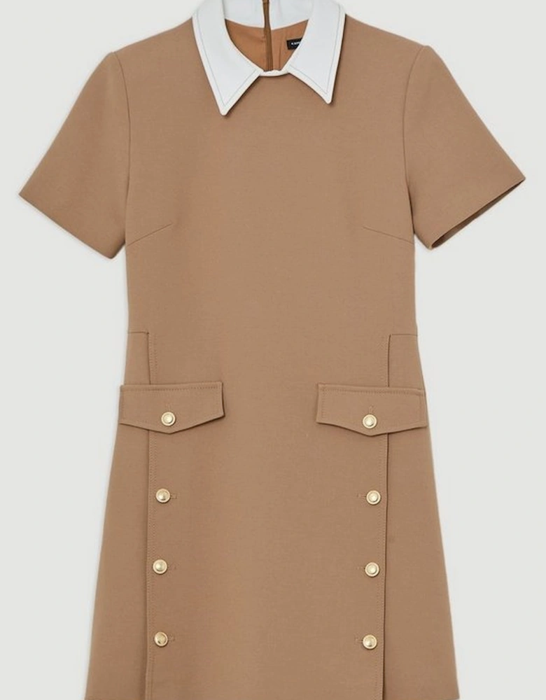 Compact Stretch Tailored Collared Button Detail Mini Dress