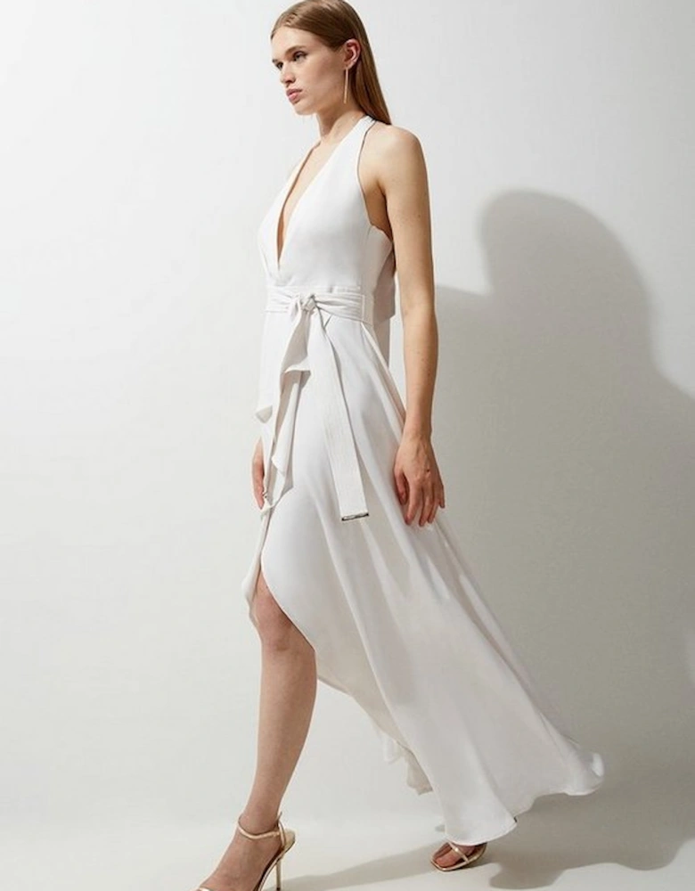 Soft Tailored Waterfall Halter Maxi Dress