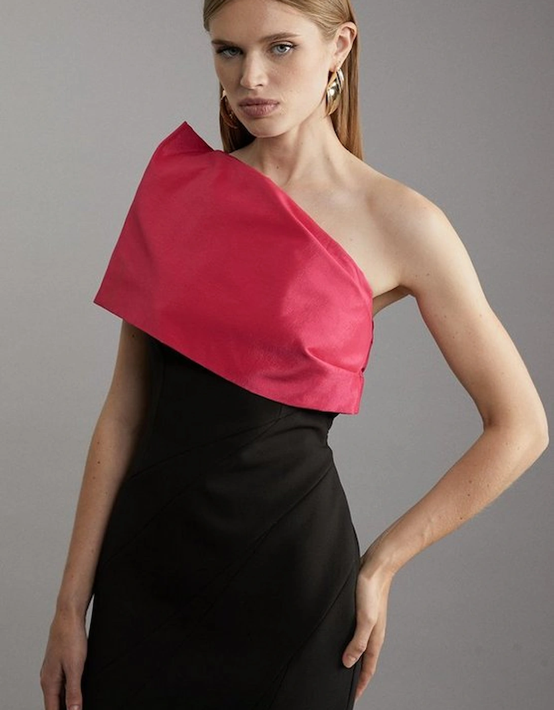 Clean Tailored Taffeta One Shoulder Panel Midi Dress