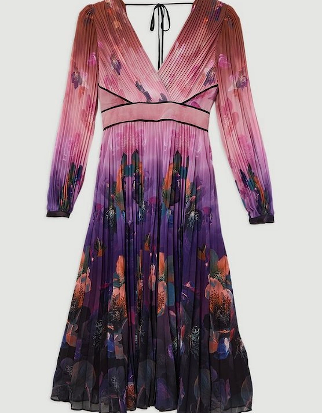 Ombre Floral Soft Pleated Long Sleeve Maxi Dress