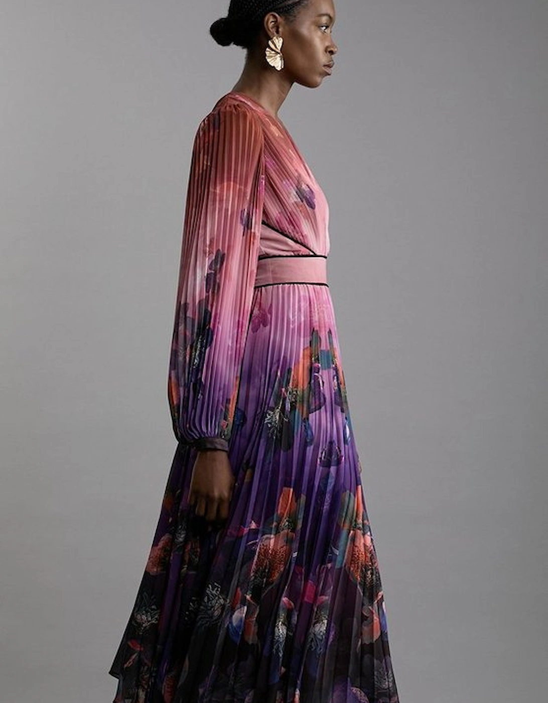 Ombre Floral Soft Pleated Long Sleeve Maxi Dress