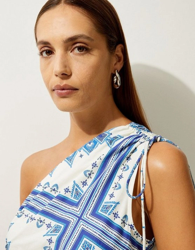 Printed Cotton Voile One Shoulder Midi Dress