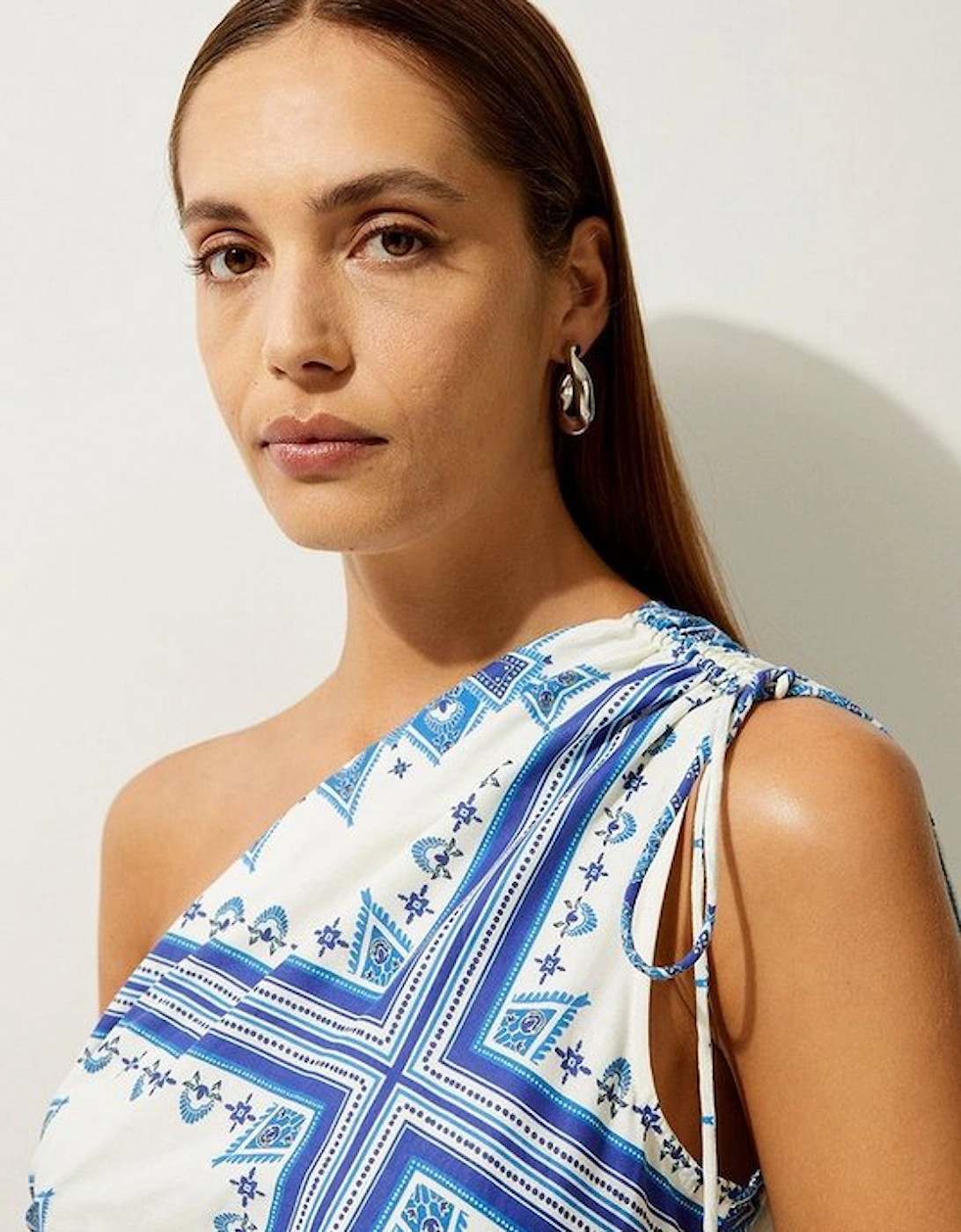 Printed Cotton Voile One Shoulder Midi Dress