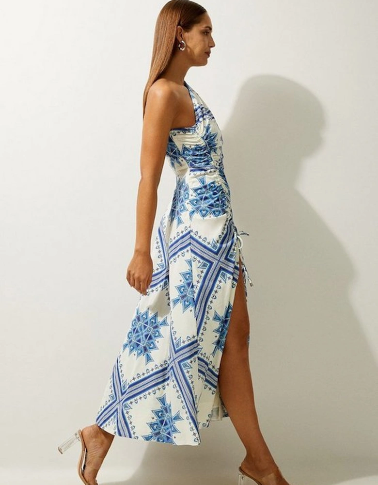 Printed Cotton Voile One Shoulder Midi Dress
