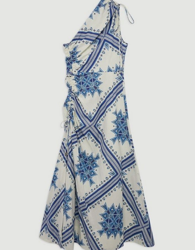 Printed Cotton Voile One Shoulder Midi Dress