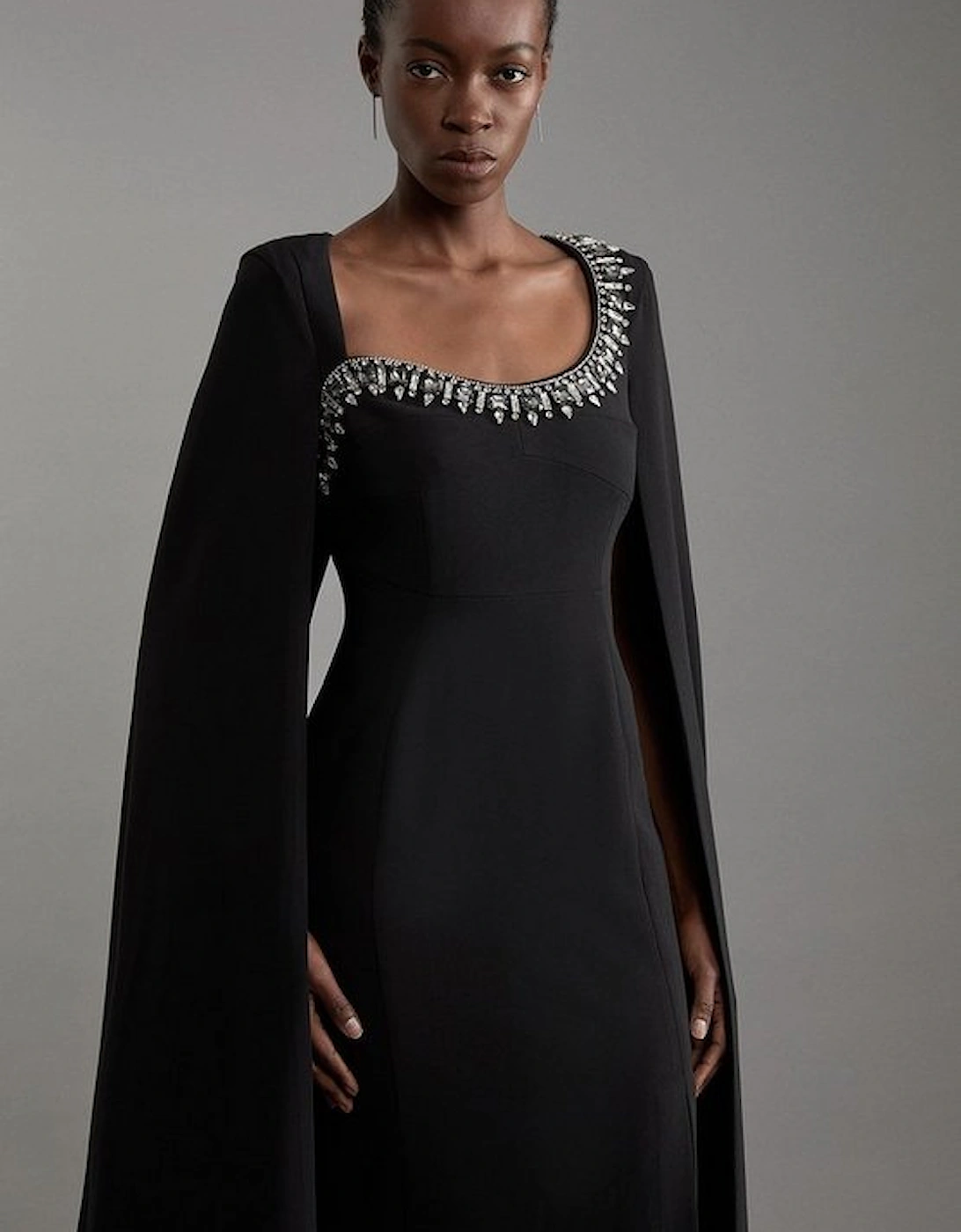 Crystal Embellished Viscose Crepe Woven Cape Maxi Dress