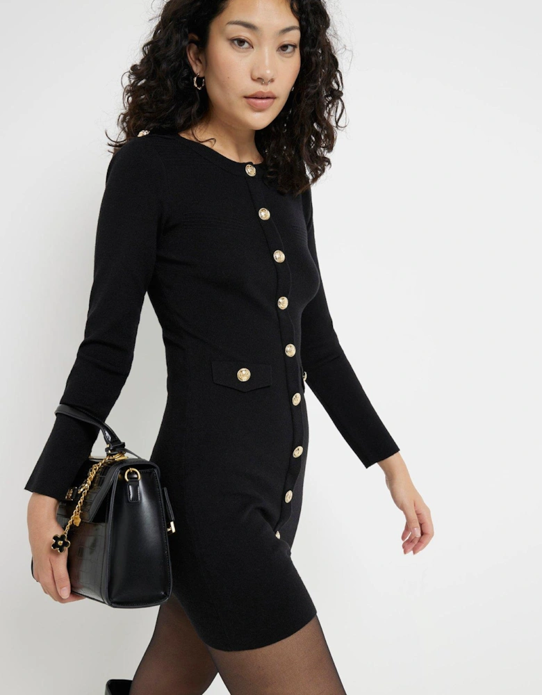 Military Button Dress - Black