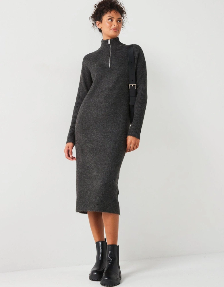 Knitted Quarter Zip Midi Dress - Charcoal