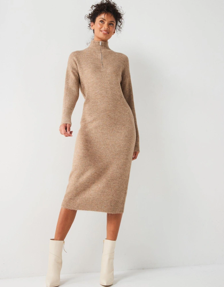 Knitted Quarter Zip Midi Dress - Neutral