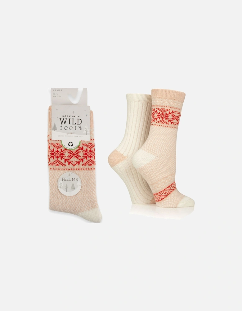 Wild Feet 2-Pack Leisure to Lounge Sock Pink with White/Red Fairisle and Beige Plain