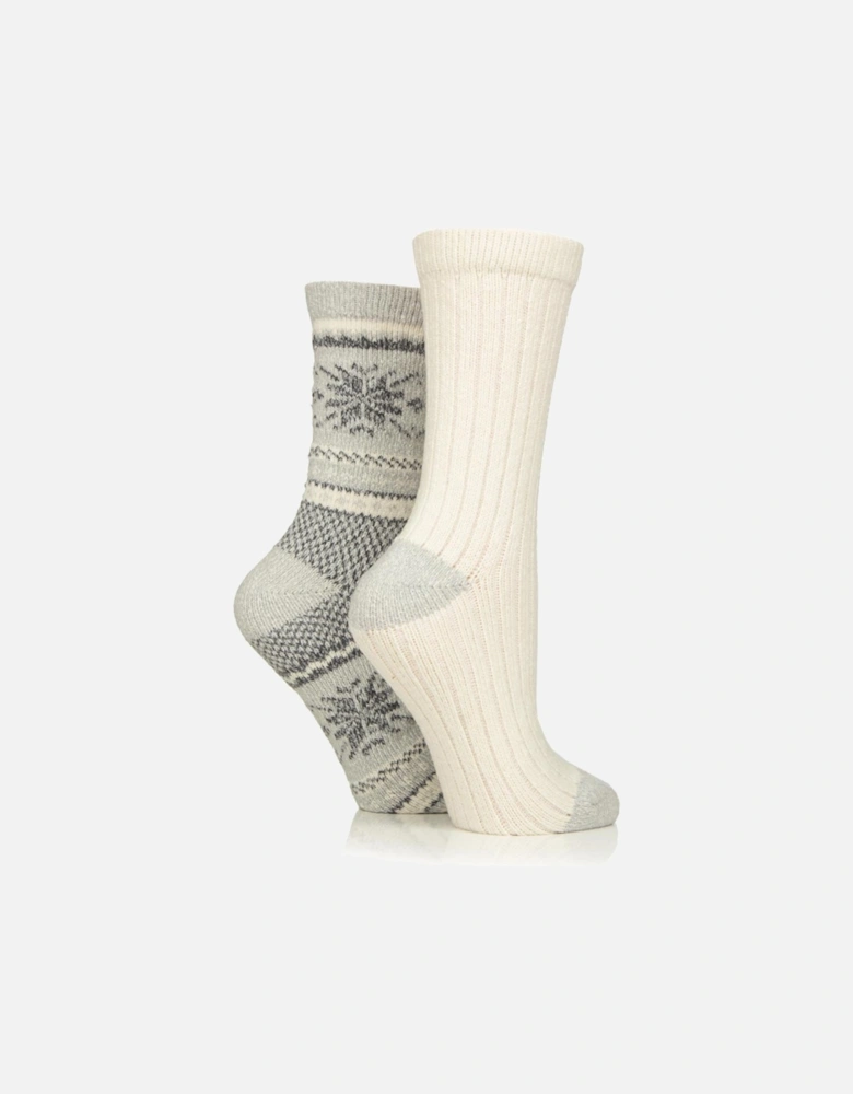 WildFeet Women's 2-Pack Leisure to Lounge Sock Grey with White/Charcoal Fairisle and White Plain