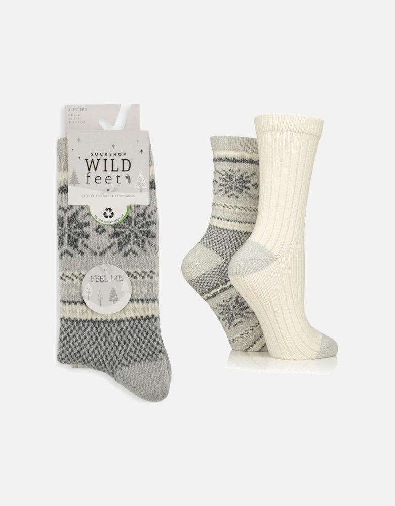 WildFeet Women's 2-Pack Leisure to Lounge Sock Grey with White/Charcoal Fairisle and White Plain