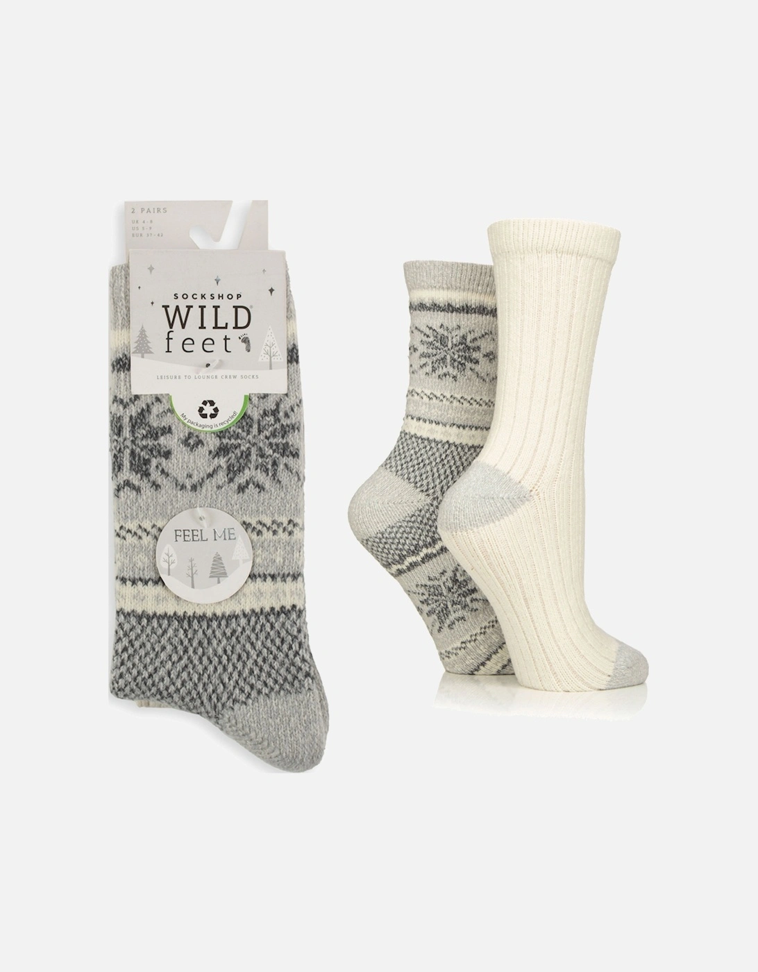 WildFeet Women's 2-Pack Leisure to Lounge Sock Grey with White/Charcoal Fairisle and White Plain, 4 of 3