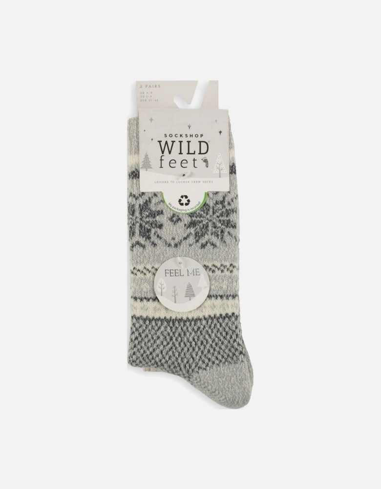 WildFeet Women's 2-Pack Leisure to Lounge Sock Grey with White/Charcoal Fairisle and White Plain