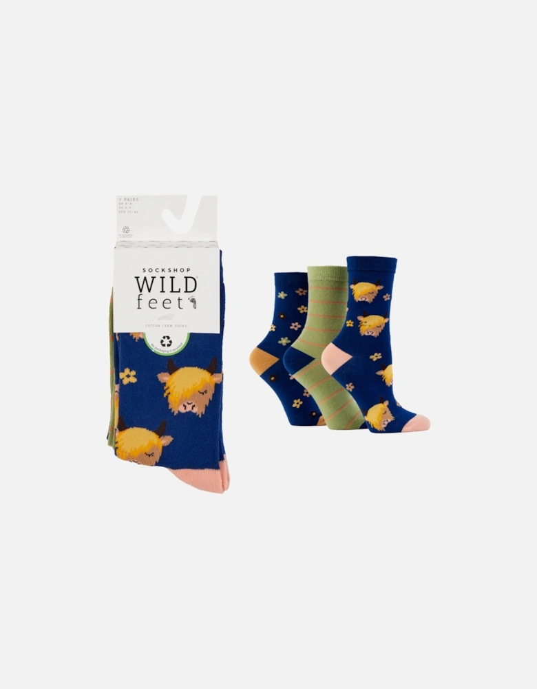 Wild Feet 3-Pack Jacquard Teal/Green with Highland Cow
