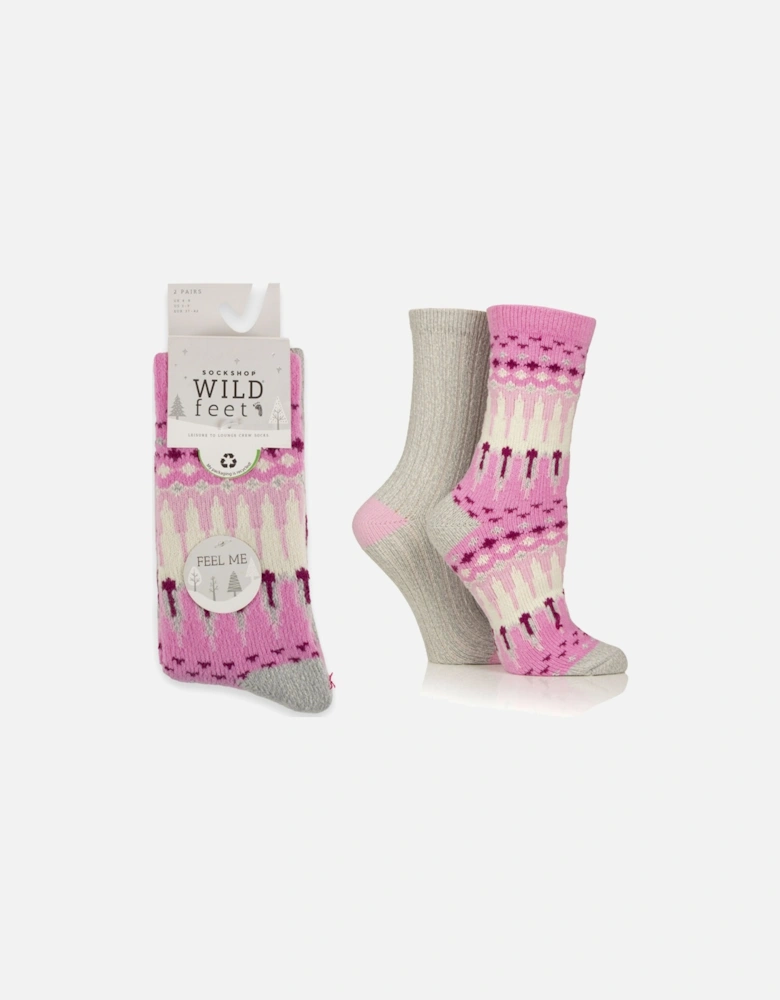 Wild Feet 2-Pack Leisure to Lounge Sock Pink with Cream/White/Mint Fairisle and Grey Plain