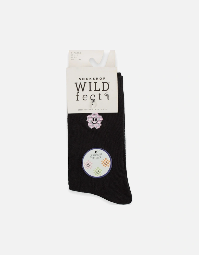 Wild Feet 3-Pack Embroidered Black with Pink/Green/Orange Checkered Flowers