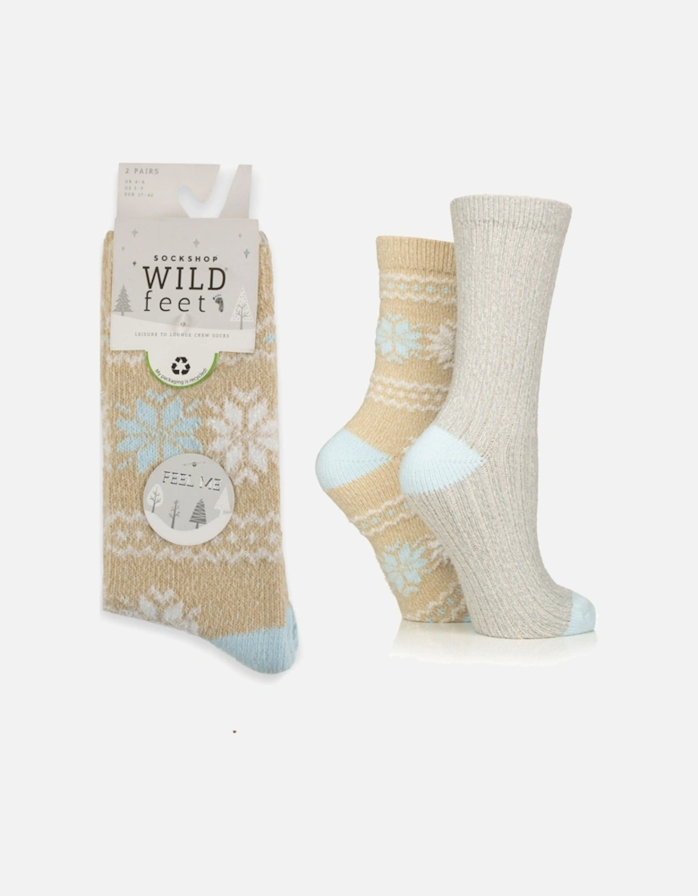 Wild Feet 2-Pack Leisure to Lounge Sock Beige with White/Blue Fairisle and Grey Plain