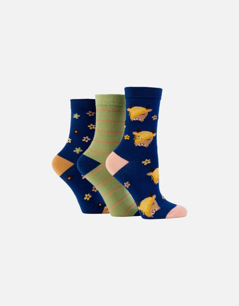 Wild Feet 3-Pack Jacquard Teal/Green with Highland Cow