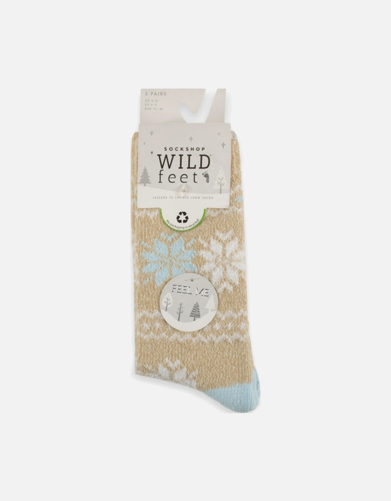 Wild Feet 2-Pack Leisure to Lounge Sock Beige with White/Blue Fairisle and Grey Plain