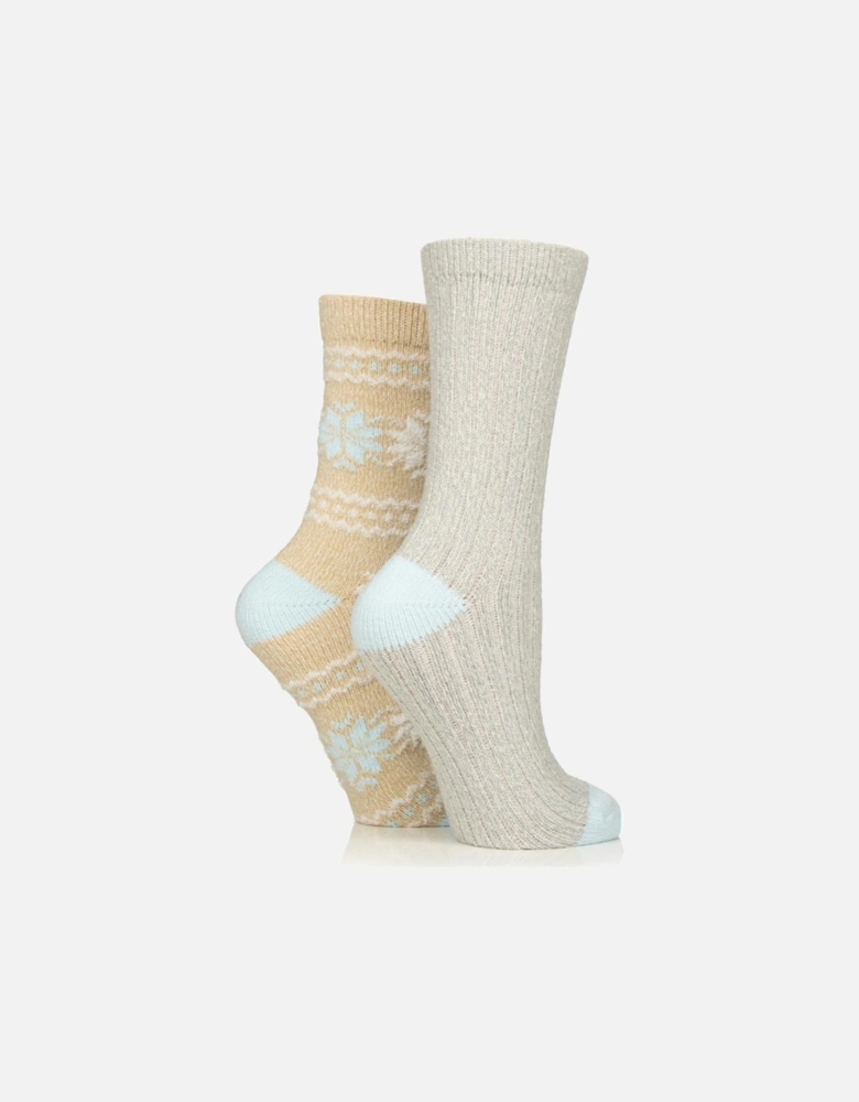 Wild Feet 2-Pack Leisure to Lounge Sock Beige with White/Blue Fairisle and Grey Plain