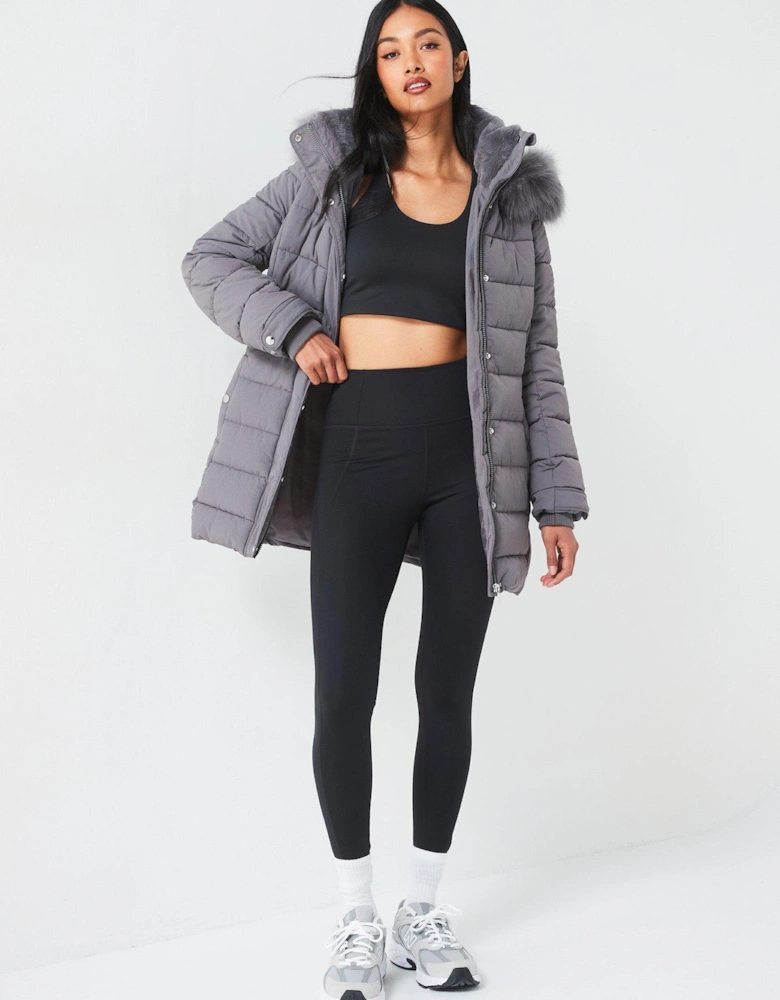 Padded Short Coat With Faux Fur Trim Hood - Grey