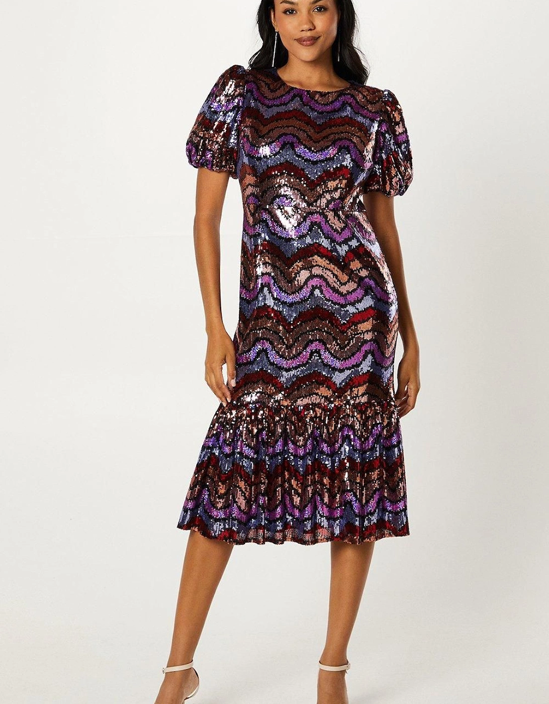 Party Rainbow Sequin Midi Dress With Puff Sleeve, 7 of 6