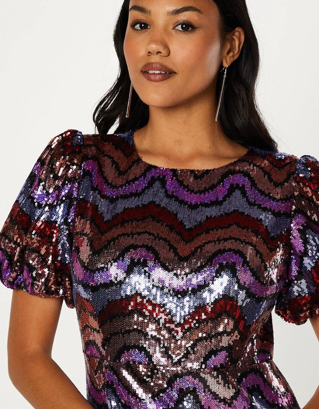 Party Rainbow Sequin Midi Dress With Puff Sleeve