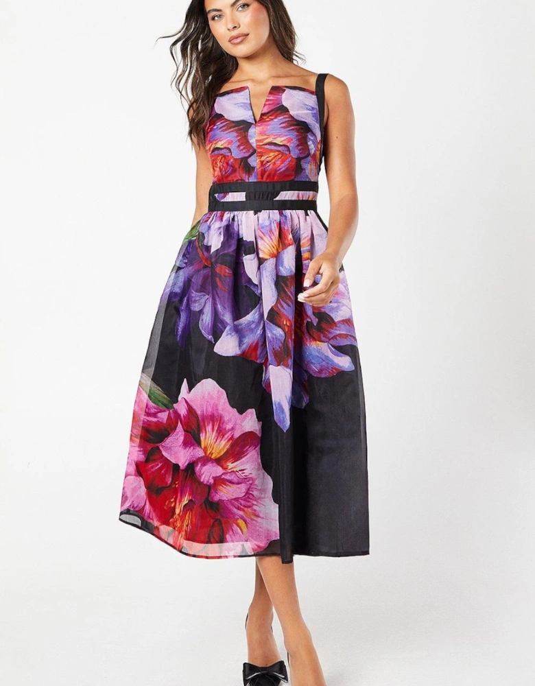 Floral Placement Print Ribbon Trim Midi Dress