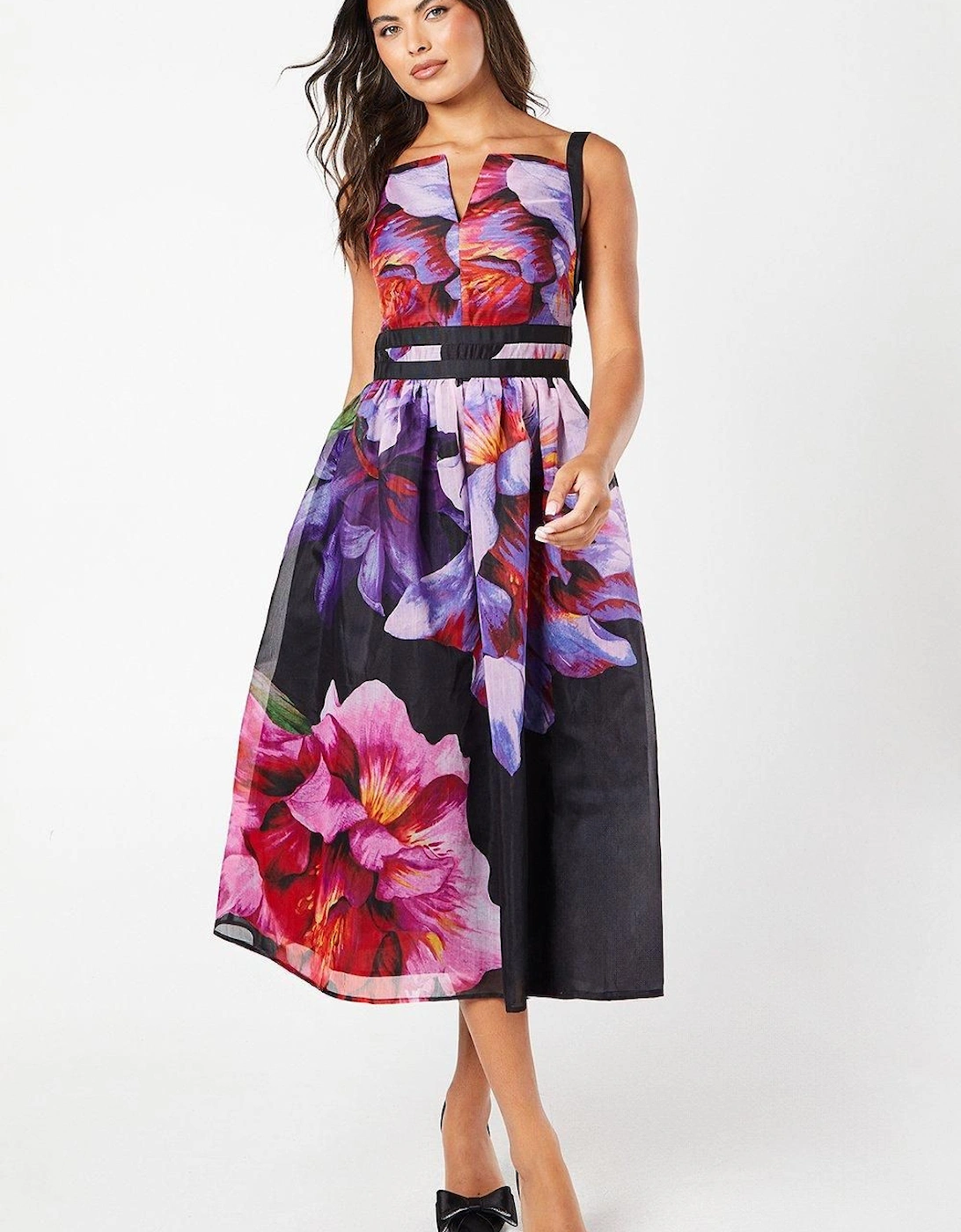 Floral Placement Print Ribbon Trim Midi Dress, 6 of 5