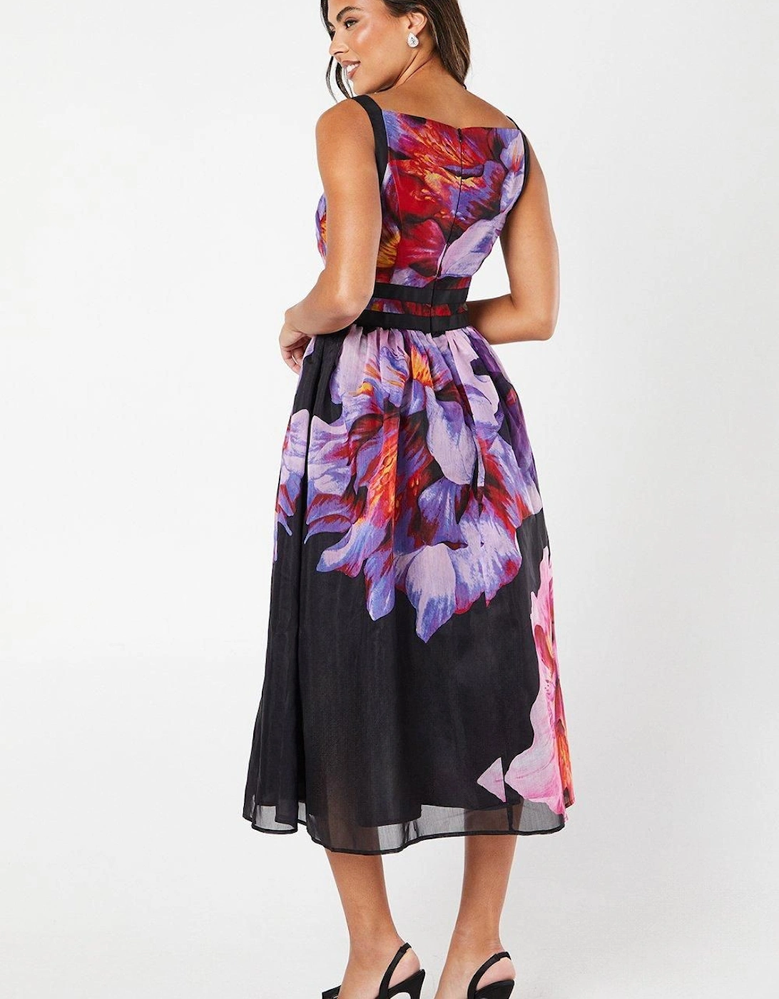 Floral Placement Print Ribbon Trim Midi Dress