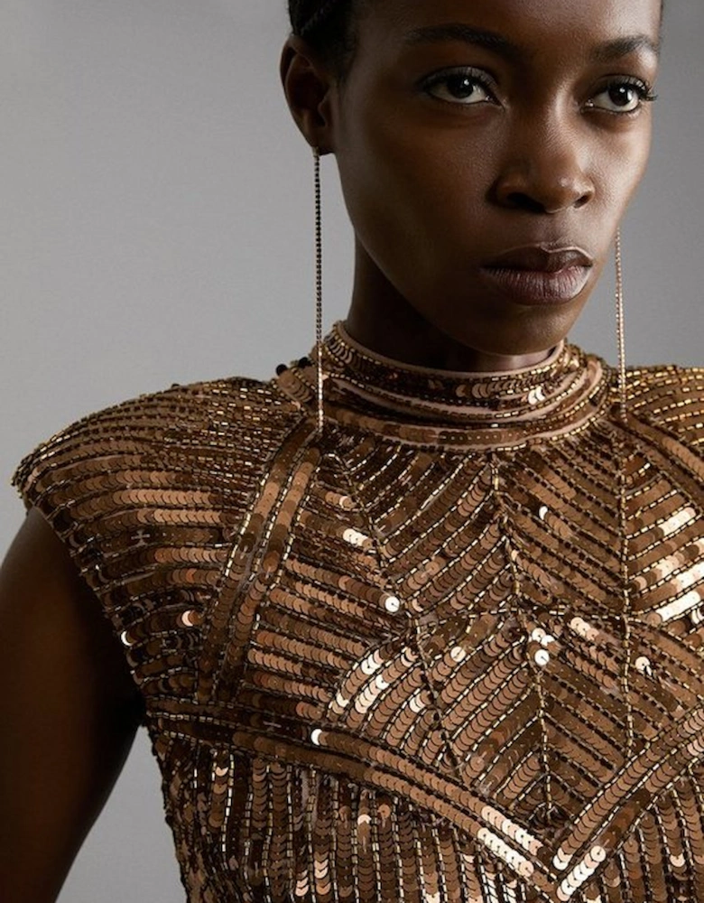 Embellished Sequin And Beaded Strong Shoulder Mini Dress