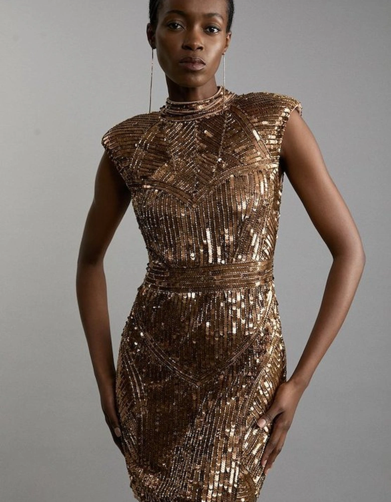 Embellished Sequin And Beaded Strong Shoulder Mini Dress