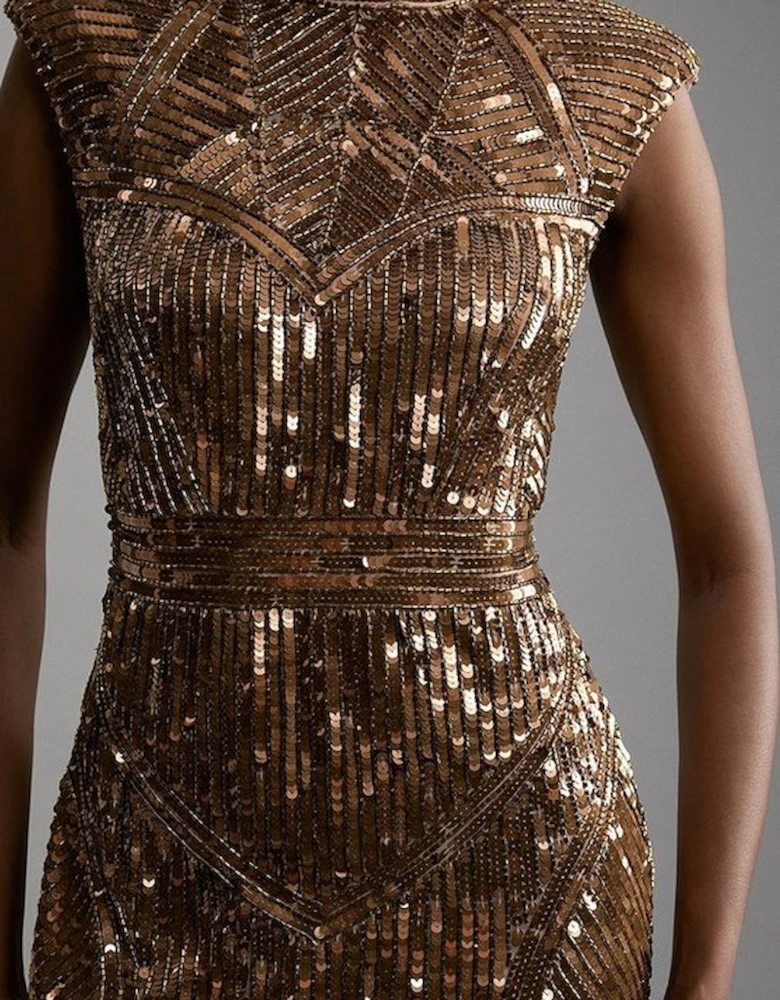 Embellished Sequin And Beaded Strong Shoulder Mini Dress