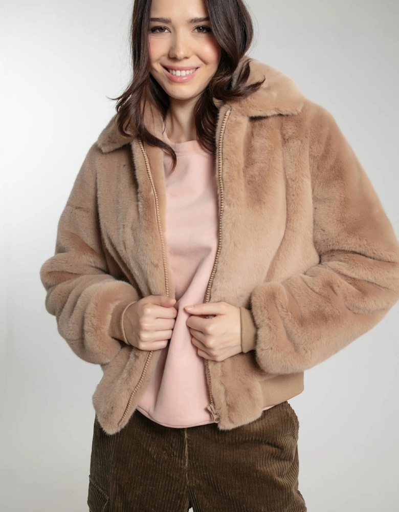 BEATRIX FAUX FUR BOMBER IN CAMEL