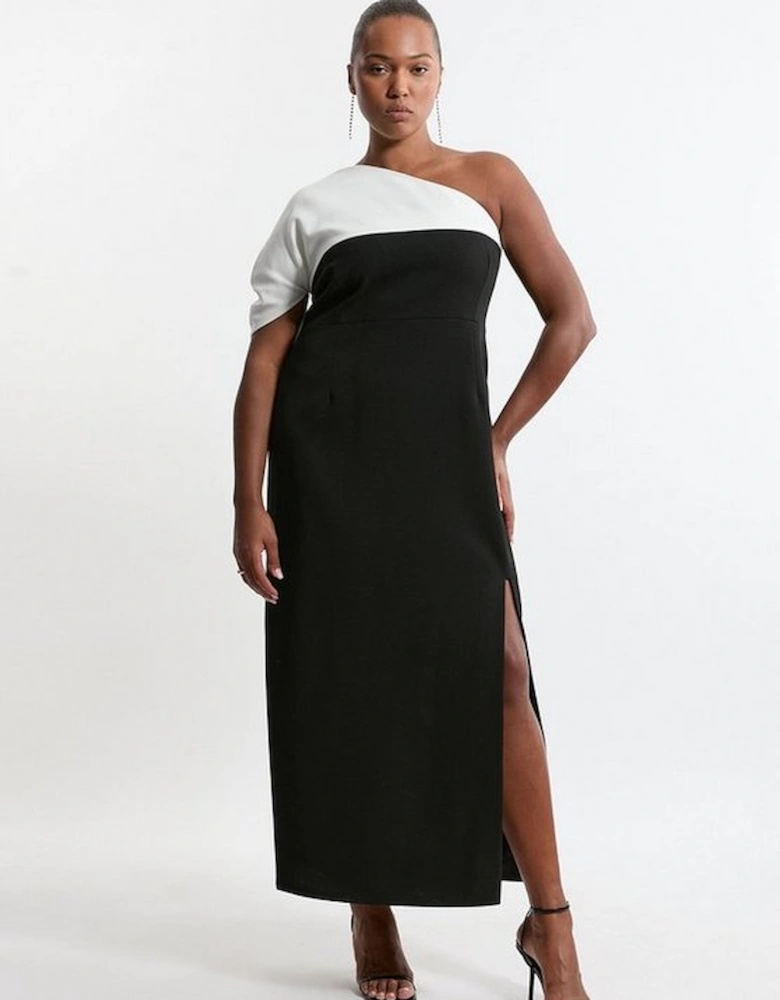 Plus Size Structured Crepe Asymmetric Cape Detail Tailored Maxi Dress