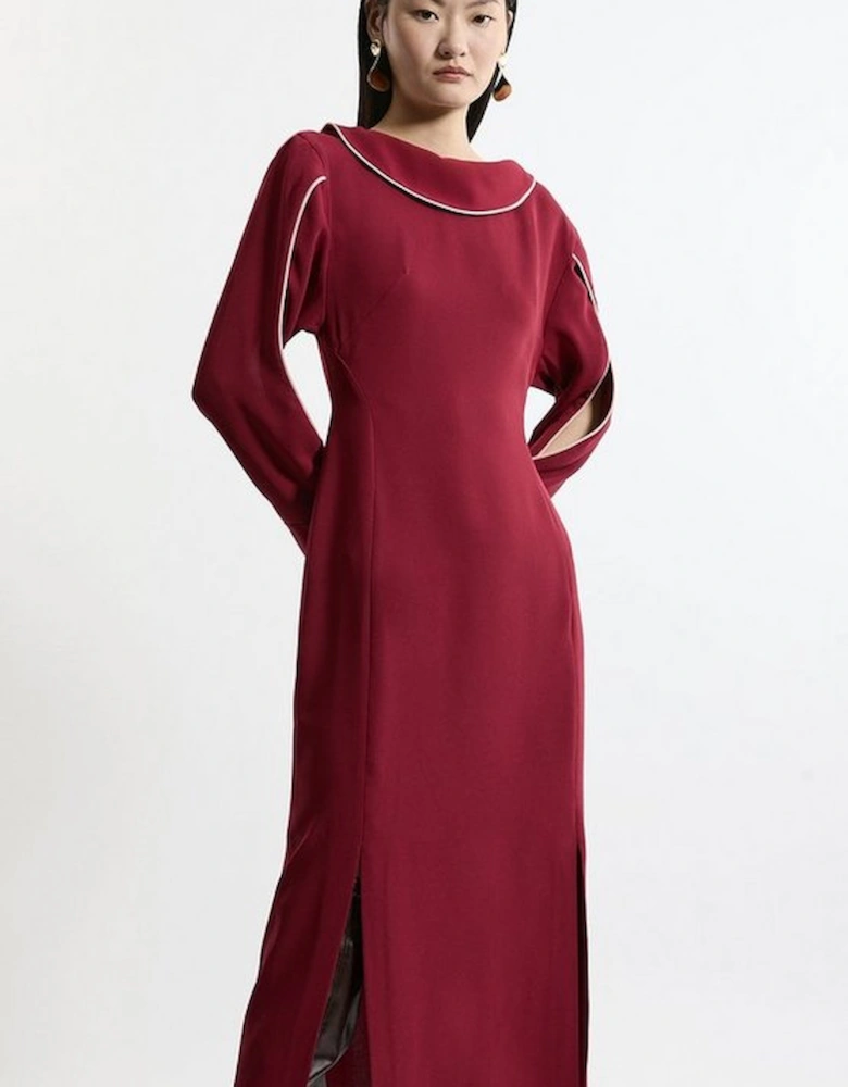 Soft Tailored Tipping Cowl Detail Sleeved Midi Dress