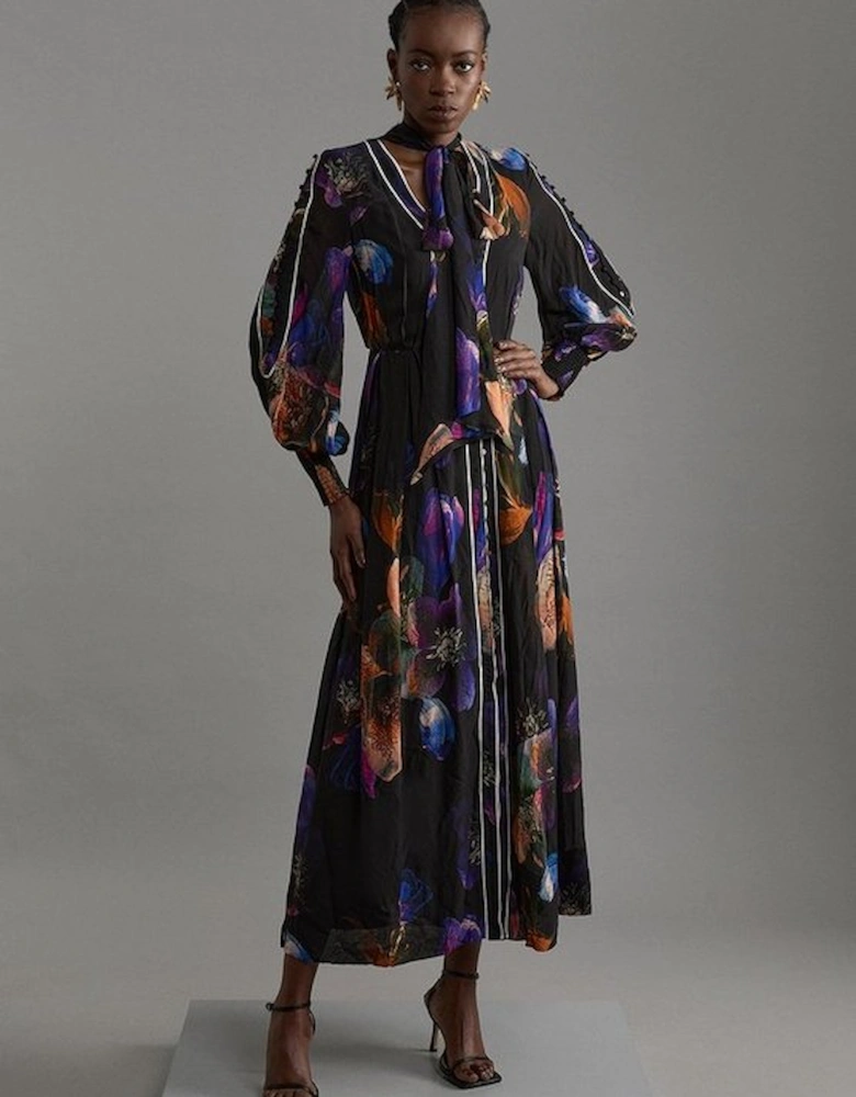 Printed Viscose Floral Border Print Maxi Dress