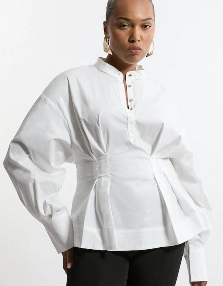 Plus Size Poplin Balloon Sleeve Pintuck Woven Shirt