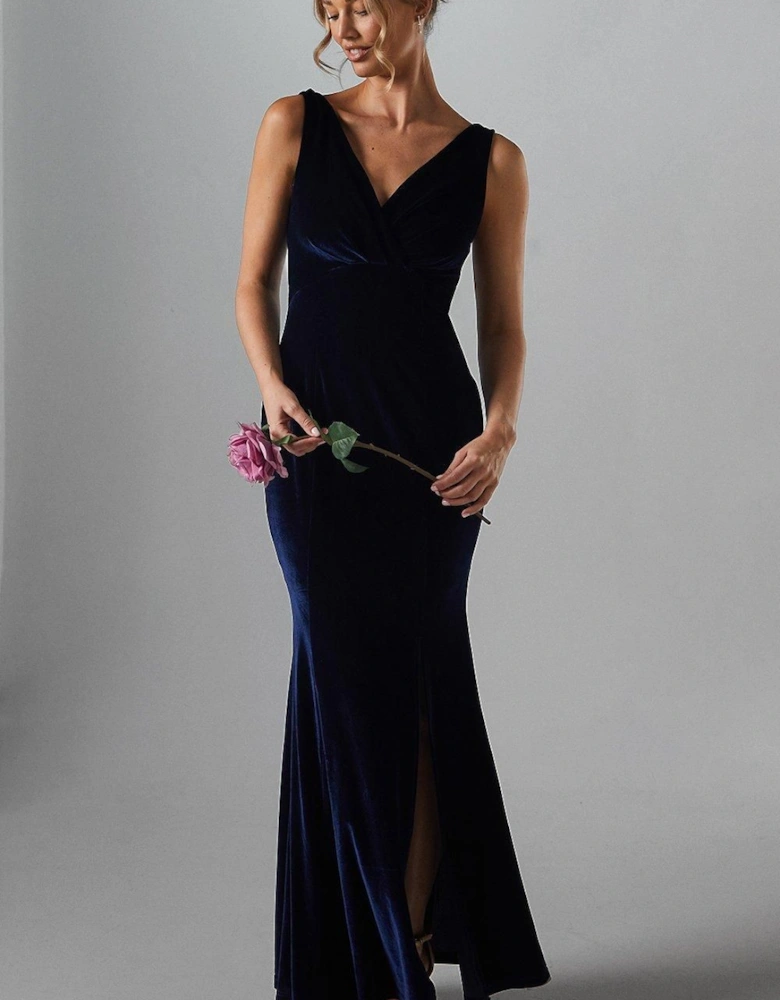 V Neck Tie Back Velvet Bridesmaid Maxi Dress