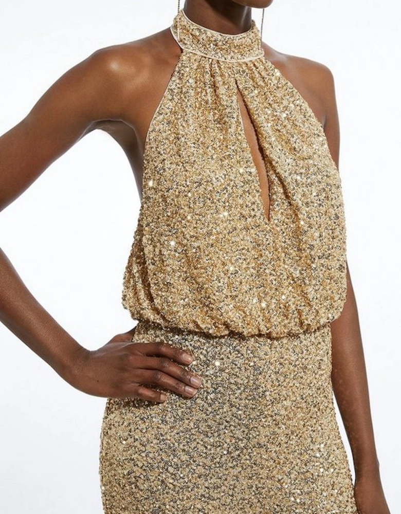 Tall Halter Jersey Stretch Sequin Wide Leg Jumpsuit