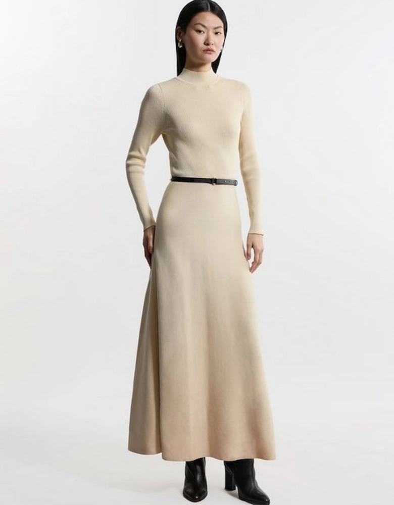 Viscose Blend Rib Knit Belted Midi Dress