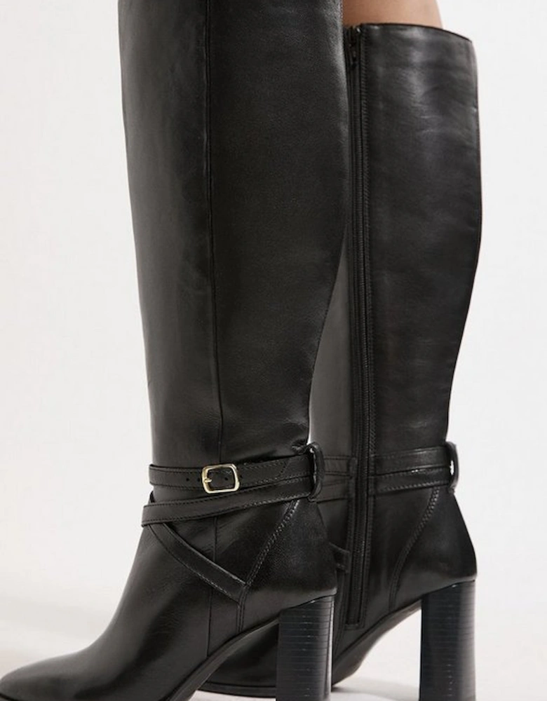 Leather Heeled Buckle Detail Knee High