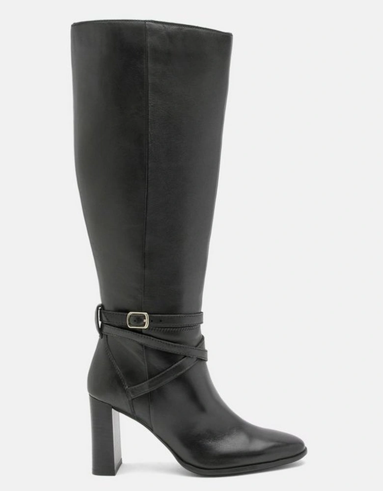 Leather Heeled Buckle Detail Knee High