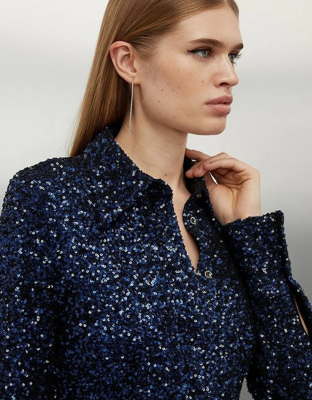 Stretch Sequin Collar Long Sleeve Shirt