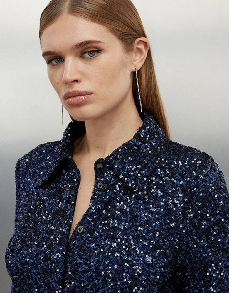 Stretch Sequin Collar Long Sleeve Shirt